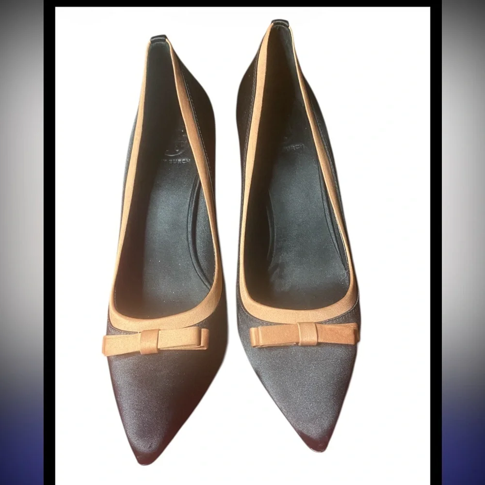Tory Burch Black Satin Pointed Toe Pumps with Tan Bow Trim - Size 10M
